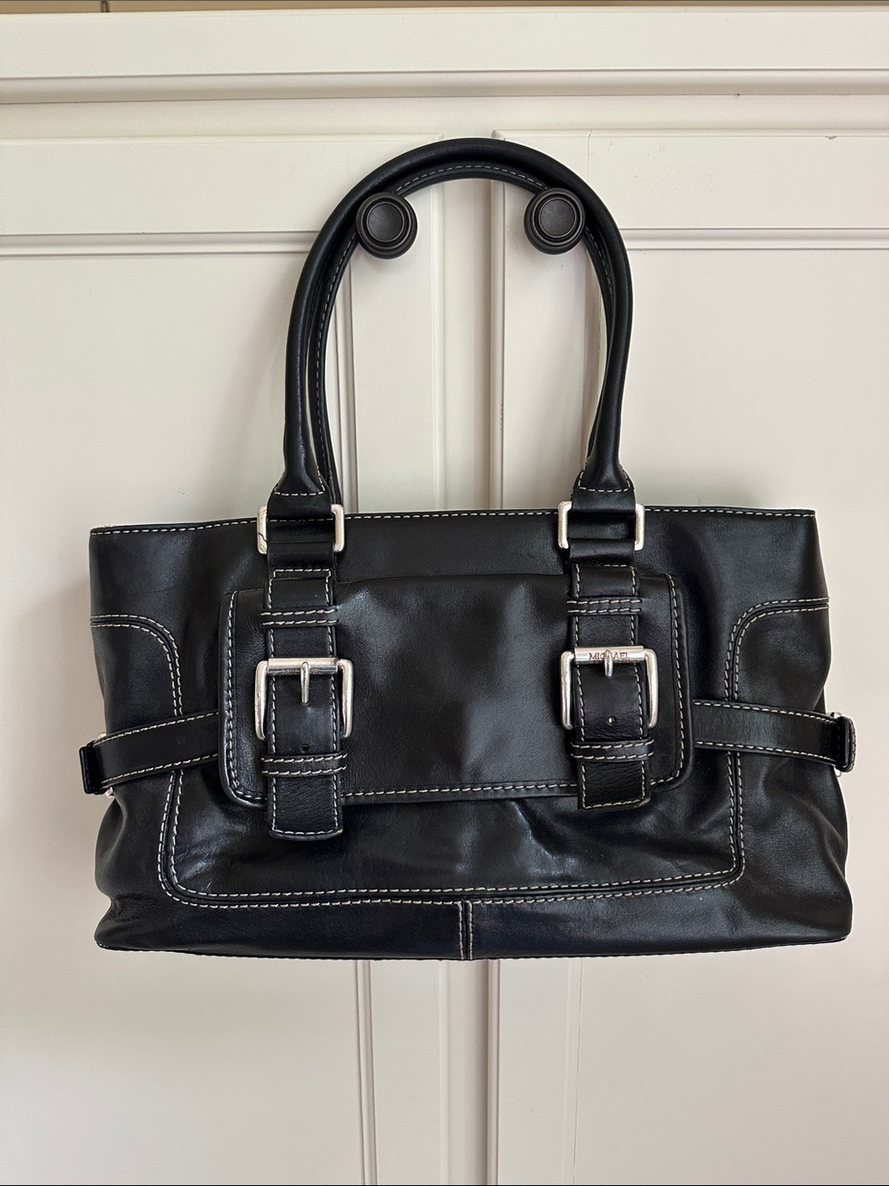MICHAEL Michael Kors Black Leather Satchel with White Contrast Stitching